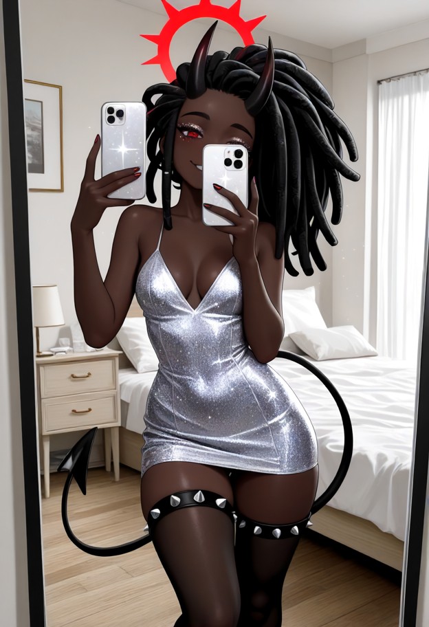 party outfit,glitter dress,heels,accessories,sparkly makeup,glossy lips,flirty,subtle smile,direct gaze,soft expressi…