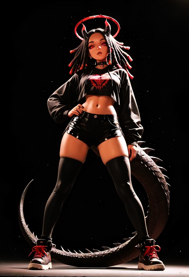 1girl,anime style,dark skinned,horns,red glowing halo,black dragon tail,black dragon's head on the end of tail,spiked…