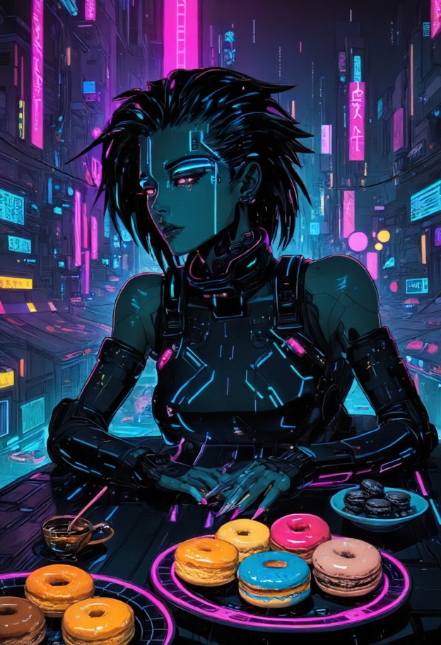 1girl,solo,lying flat on her back on a large dark banquet table,inside a neon-lit exotic asian cafe,((her body serves…