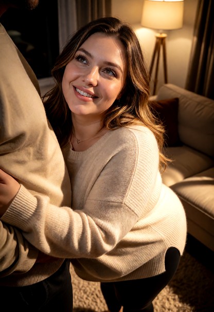 Location: cozy living room during the evening, bathed in the warm, dim glow of a floor lamp that casts long, soft sha…