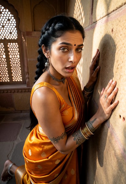 Location: warm afternoon at an ancient sandstone fortress where sunlight filters through intricate jali screens, cast…