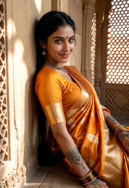 Location: warm afternoon at an ancient sandstone fortress with intricate jali screens and sun-dappled shadows dancing…