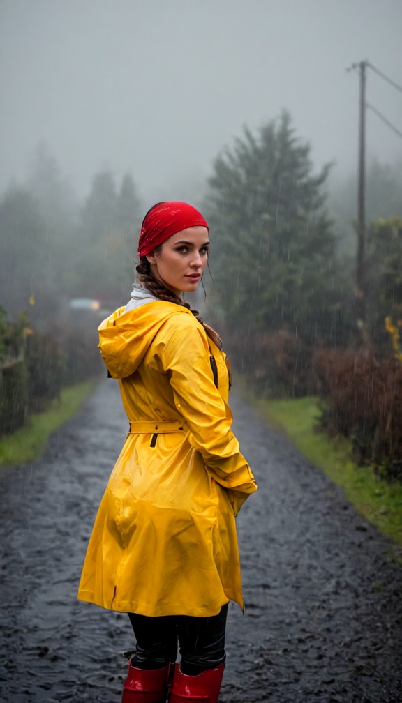 tess in a fitted yellow raincoat over work clothes,rubber boots,walking through a misty farmyard,moody overcast light…