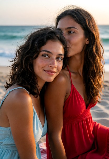 Location: Beach. Position: Sitting on beach, light breeze, watching the ocean. Miranda wears strappy light blue dress…