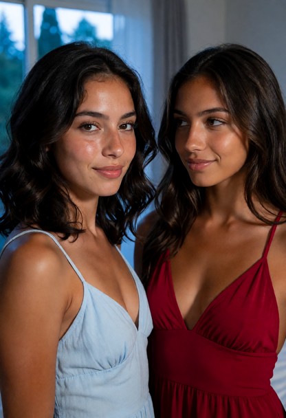 Location : Master bedroom. Position: Moonlit room. Miranda wears strappy light blue dress. Dani is an 18 year old gir…