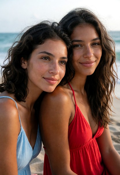 Location: Beach. Position: Sitting on beach, light breeze, watching the ocean. Miranda wears strappy light blue dress…