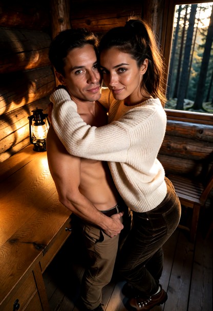 Location: deep in a secluded forest at dusk, inside a rustic wooden tower cabin where warm amber light from a small l…