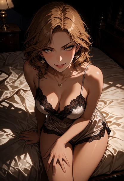 Location: dim bedroom at night with messy ivory linen sheets and dark wooden furniture, the heavy shadows cast by a s…