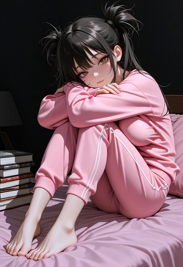 1girl,solo,sitting,pastel pink sweater,pastel pink pajama pants,loose hair,quiet background,dark background,books,bed…