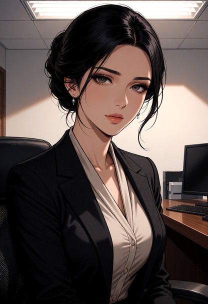 Woman wears business attire with a suit, blouse, office outfit styling, subtle makeup, earrings, and a formal look., …