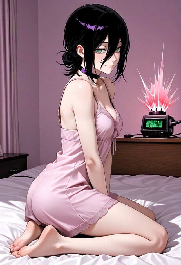 1girl kneeling on bed in bedroom with white sheets and desk,in pink silk nightgown and barefoot,looking shy,solo,eye …