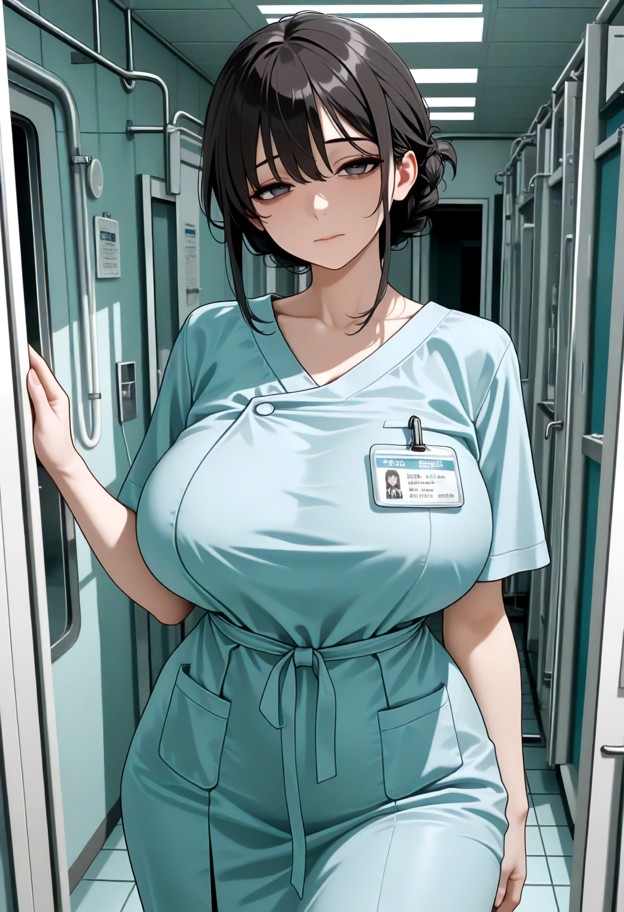 a she is is standing in a hospital room looking at the viewer,light blue hospital gown,hospital room,white linoleum f…