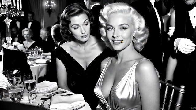 Ultra-realistic high-contrast black-and-white press photograph, 1950s Hollywood gala, captured by a celebrity photogr…