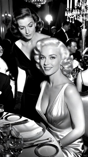 Ultra-realistic high-contrast black-and-white press photograph, 1950s Hollywood gala, captured by a celebrity photogr…