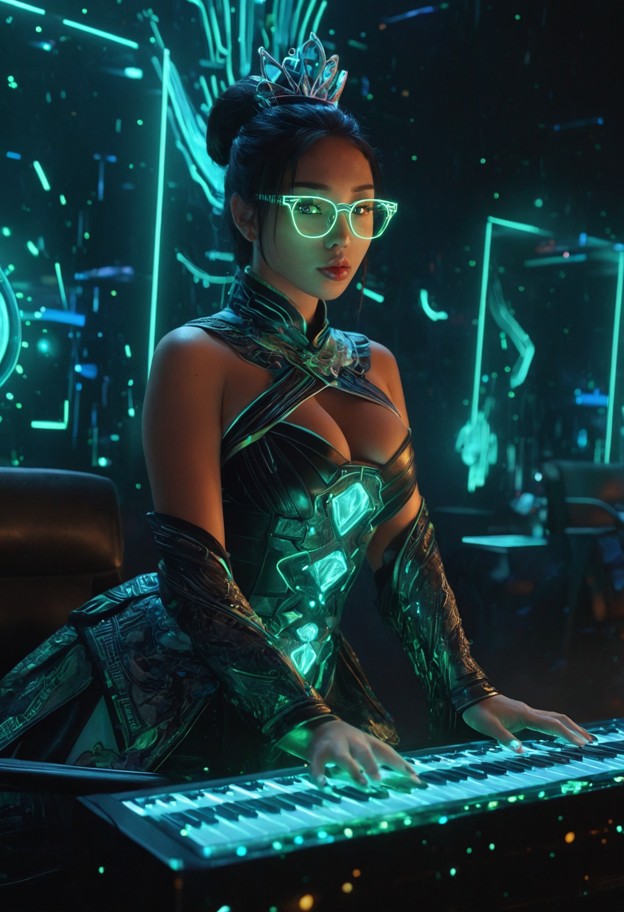 cinematic wide shot from behind a female organist in an elegant dark tech-wear dress. the scene is asymmetrically com…