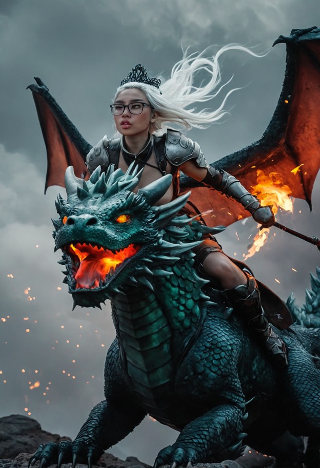 a cinematic film still of a dark female dragon rider flying on a massive dragon,captured mid-air,clearly airborne,no …