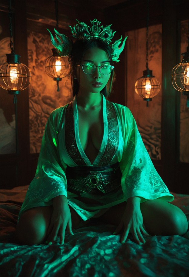intimate indoor scene,tingyu’s private chambers in the dragon guild. the room is a mix of traditional chinese silk de…