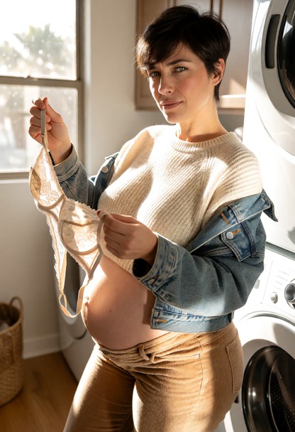 Location: sunlit laundry room filled with the bright, warm glow of afternoon light streaming through a window, illumi…