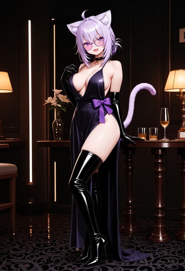 a she is stands elegantly in her evening dress,wearing leather thigh high boots,looking at viewer,evening dress,side …
