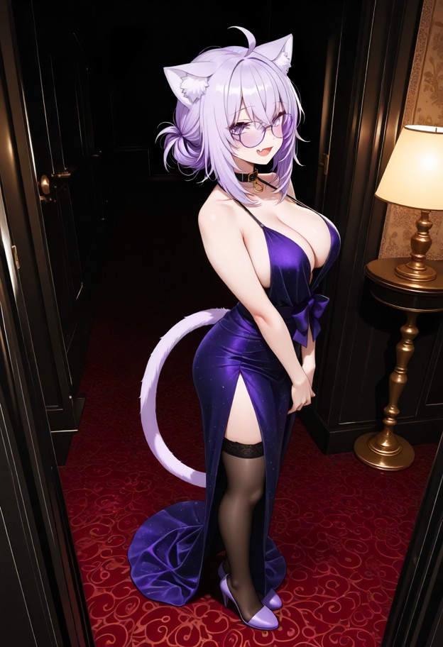 a she is is standing in a ballroom,wearing evening dress,slit dress,stockings,stiletto heels,ballroom,high angle,cine…