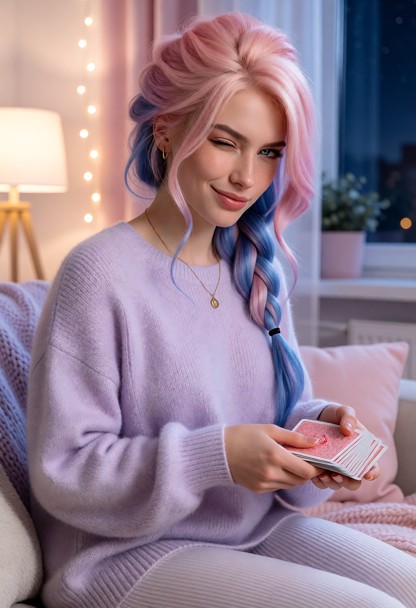Location: cozy pastel-themed apartment during a quiet evening, with soft fairy lights casting a warm, gentle glow acr…