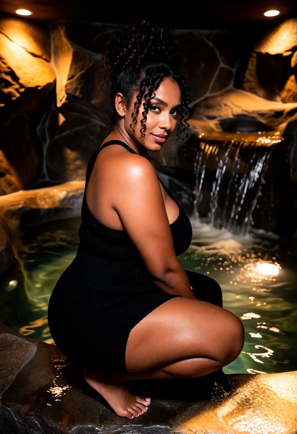 Location: a dimly lit, private relaxation chamber featuring a large jacuzzi built into natural dark rock, with a smal…