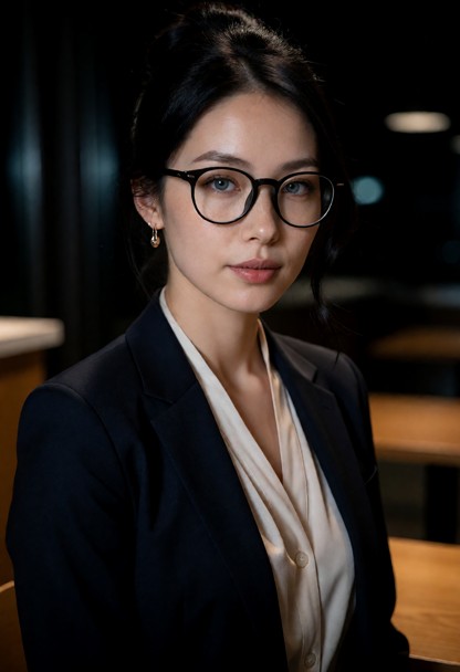 Woman wears business attire with a suit, blouse, office outfit styling, subtle makeup, earrings, and a formal look. o…