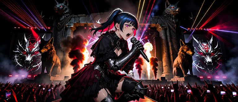 A dynamic and cinematic panorama live-action photograph capturing Homiko performing headliner as the fierce lead sing…