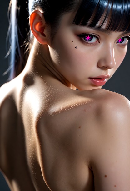 An extreme macro photorealistic fine art portrait of an artistic nude female model, faceless, head completely out of …