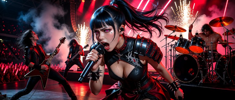 A horizontal orientation photorealistic detailed 8k raw concert photograph shot on a 85mm f/1.4 prime lens, high-spee…