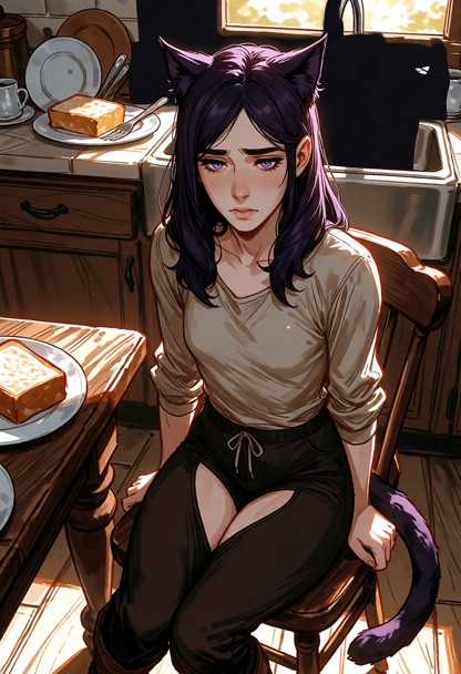 Location: kitchen with morning sunlight, breakfast dishes in the sink, wooden table
Position: Sam sitting on a kitche…