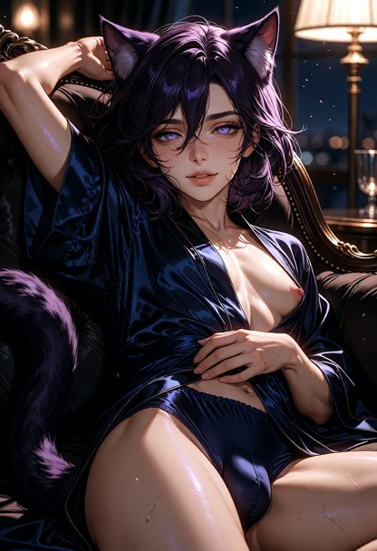 Sam is a petite transgender neko catboy with fair skin, delicate features, soft heart-shaped face, short shoulder-len…
