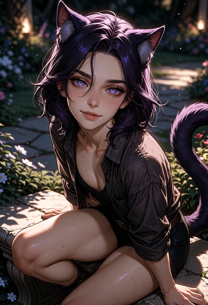 Sam is a petite transgender neko catboy with fair skin, delicate features, soft heart-shaped face, short shoulder-len…