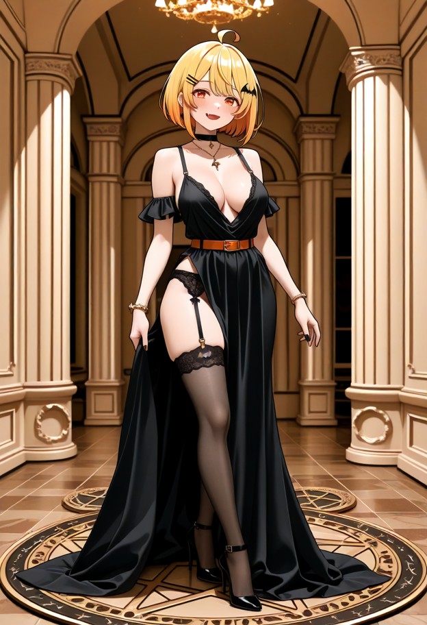 a beautiful she is is standing in a ballroom,wearing an evening dress with a slit,garter belt,stockings,and stiletto …