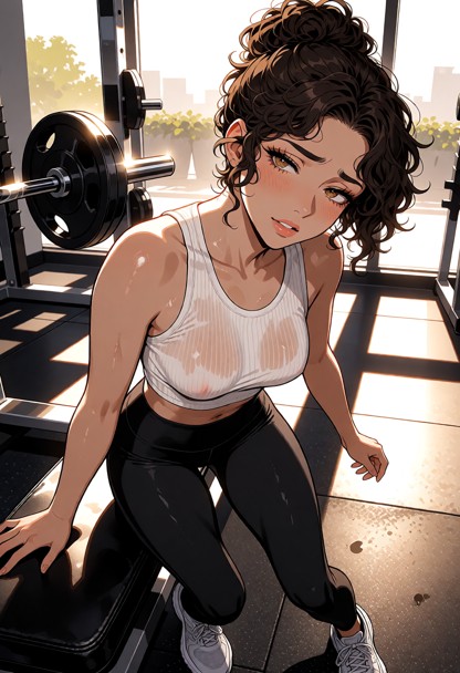 Location: bright morning inside a modern gym with large windows letting in harsh sunlight, casting long shadows acros…