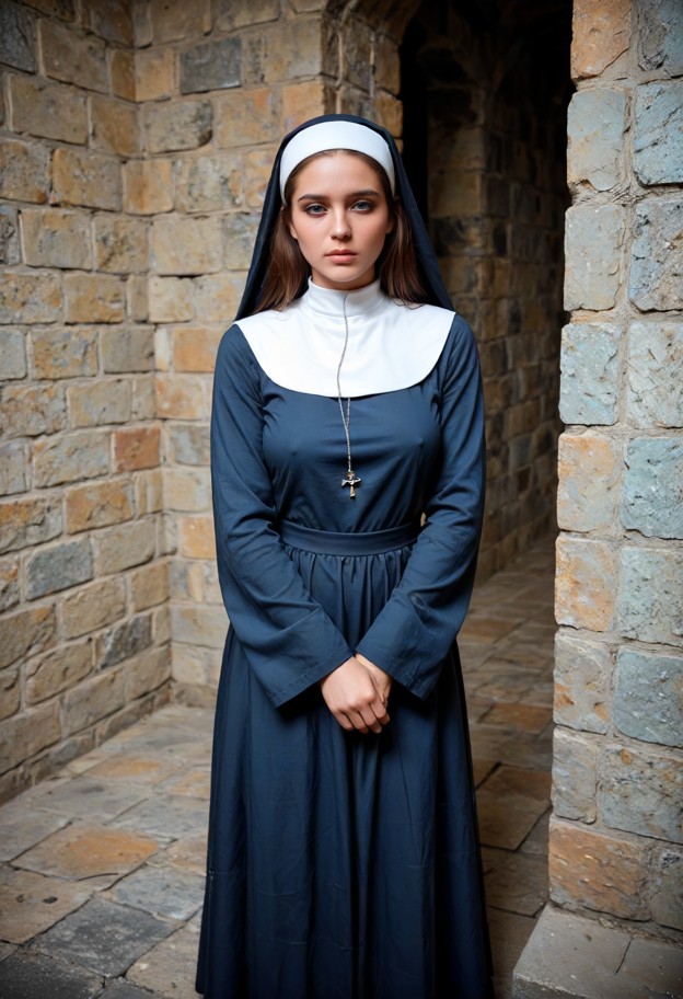 wearing blue gothic nun robes,neutral expression,relaxed face,calm mood,neutral,full-body view,head-to-toe compositio…