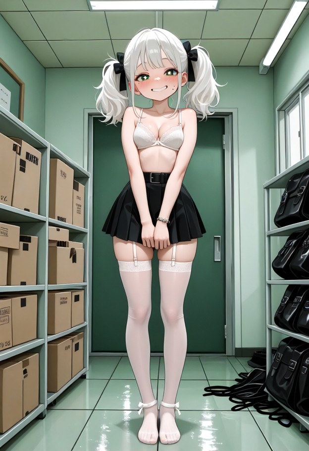 1girl standing,wearing hicked up black pleated mini skirt,white knee-high stockings,white cotton bra,black leather be…