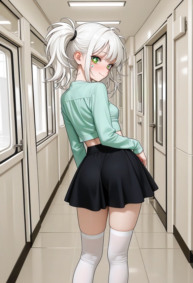 1girl,standing,dangling shoe from fingertips,smirking at you,white knee-high socks,black skirt,blue top,exposed midri…