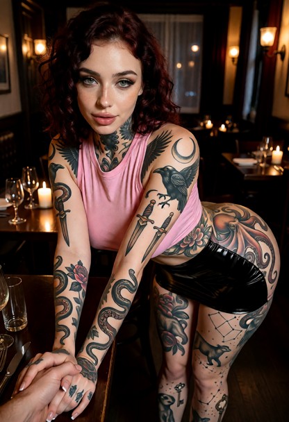 Location: dim evening in a cozy restaurant with soft candlelight flickering on the table, casting warm amber glows on…