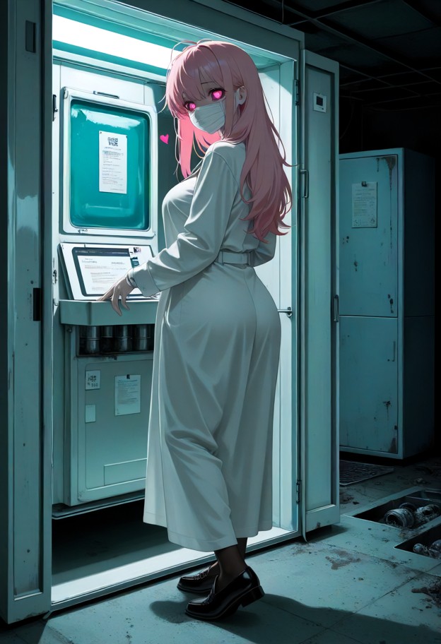 she is stands in an abandoned morgue holding autopsy papers,white canvas straightjacket,blue medical mask,white medic…