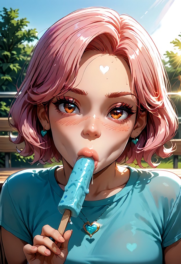 1femboy,sucking red fruit popsicle,holding ice cream in his hands,(deep sucking:1.9),(plump lips:1.5),(close-up mouth…