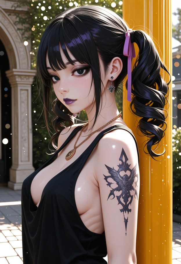 an ultra-detailed hyper-realistic portrait of an adult woman with long,voluminous curly black hair,wearing a deep pur…