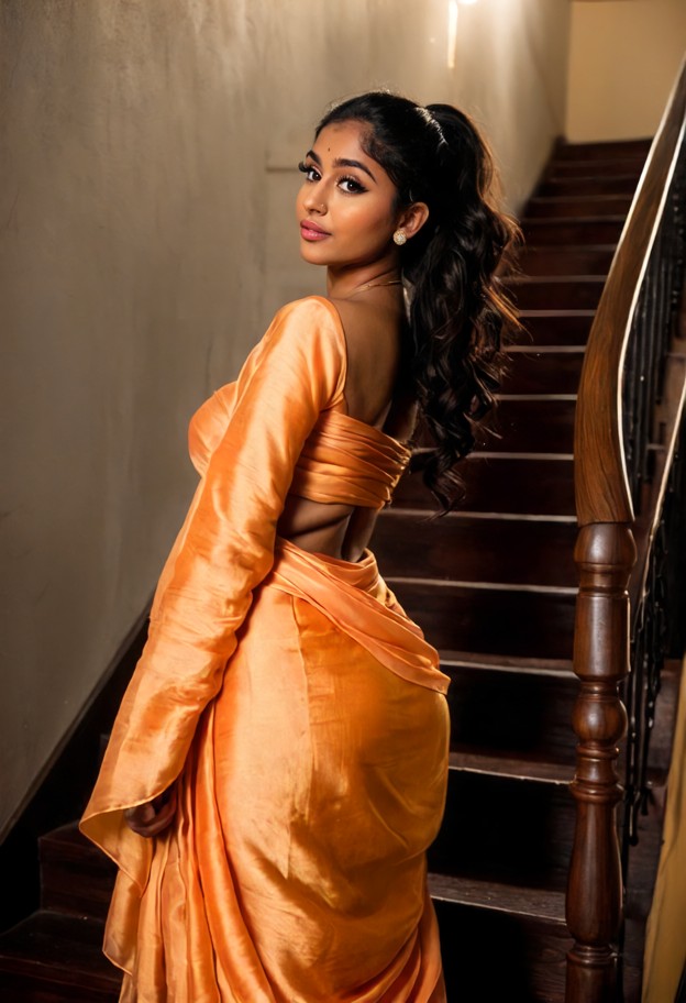 aisha patel being carried up the stairs,peach silk salwar kameez,matching dupatta,dimly lit staircase,dark wooden ban…