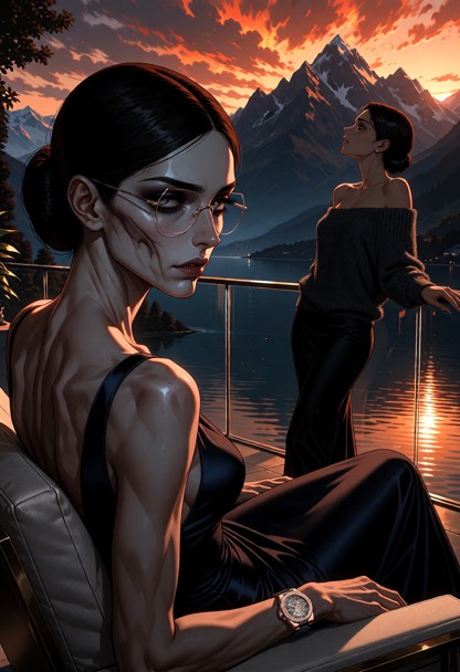 a dramatic low-angle cinematic shot on a st. moritz terrace. one woman is sitting deeply in a low designer lounge cha…