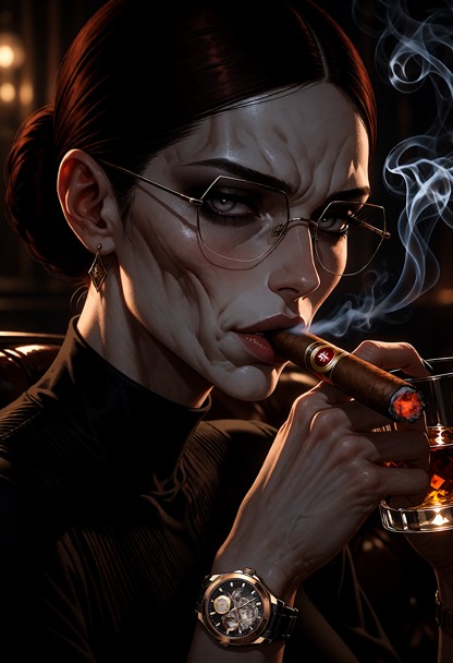 an intense, cinematic close-up of Karolina in a dimly lit scottish club. she is taking a slow draw from a premium cig…