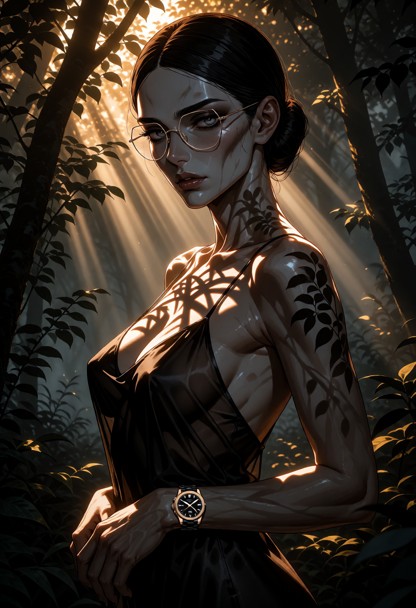 cinematic photography of Karolina standing in a dense, misty forest during golden hour. sharp beams of sunlight pierc…