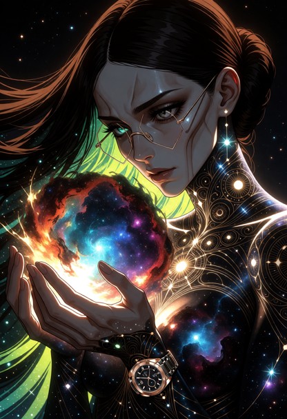 (masterpiece, best quality:1.2), (anime illustration, digital painting:1.1), 1girl, cosmic goddess channeling immense…