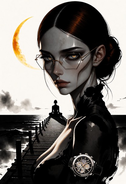 sumi-e ink wash painting, minimalist japanese brush art style. Karolina in deep meditation at the end of a long woode…