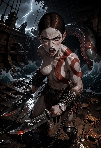 Cinematic dark fantasy epic style photograph. A fierce female warrior, a powerful homage to Kratos, stands on the sha…