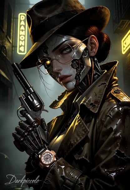 Cinematic gritty post-apocalyptic noir photograph. A female synth detective, a direct homage to Nick Valentine from F…